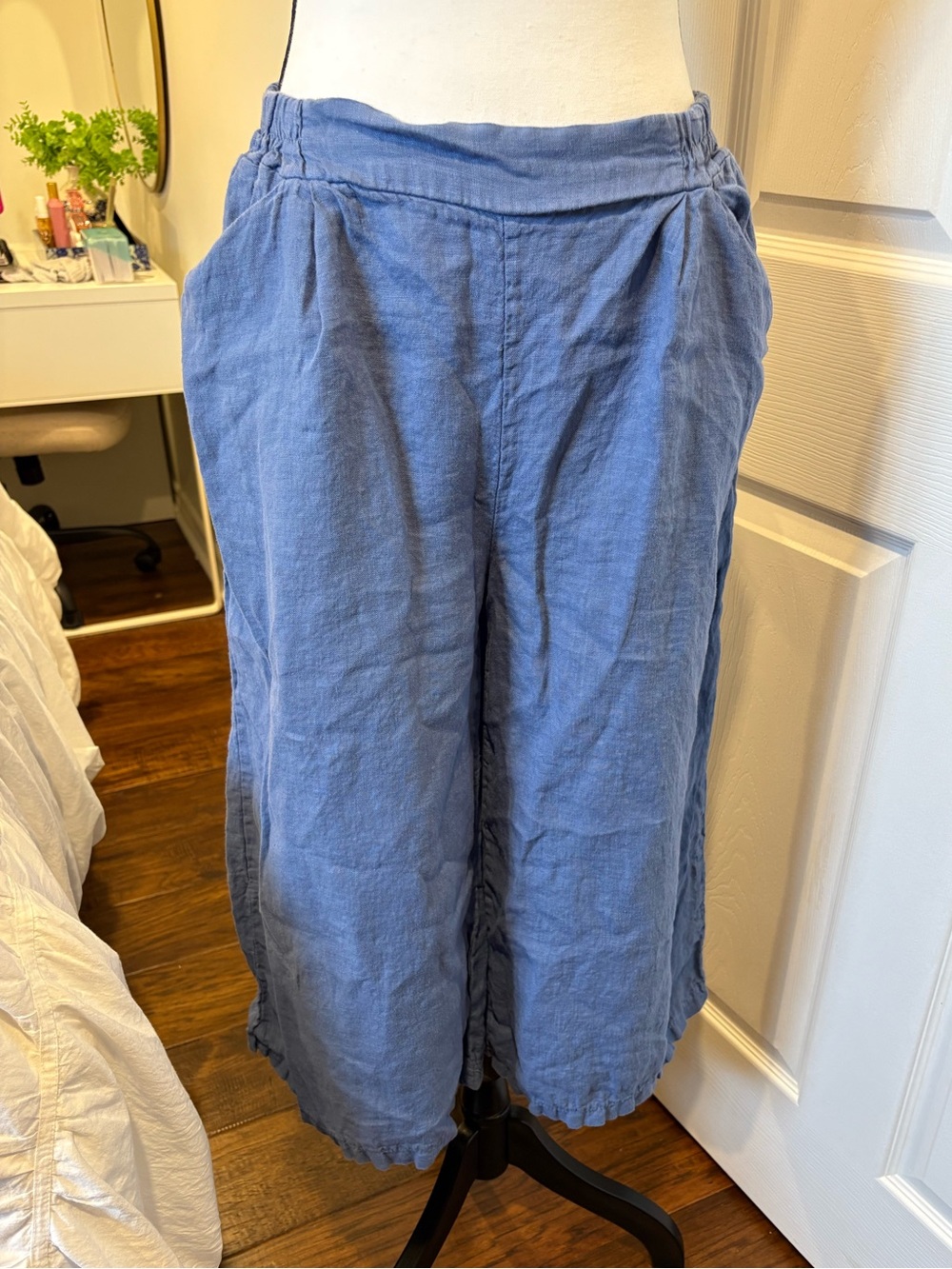 Made in Italy 100% Linen Wide Leg Cropped Pants Dusty Blue M